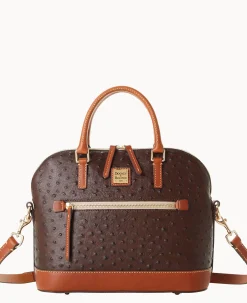Dooney & Bourke Ready For the Getaway|Exotic Leather<Ostrich Domed Zip Satchel Brown Tmoro