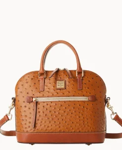 Dooney & Bourke Ready For the Getaway|Exotic Leather<Ostrich Domed Zip Satchel Caramel