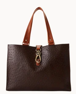 Dooney & Bourke Exotic Leather|Shoulder Bags<Ostrich Large Logo Lock Tote Brown Tmoro