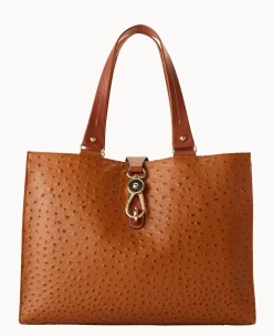 Dooney & Bourke Exotic Leather|Shoulder Bags<Ostrich Large Logo Lock Tote Caramel