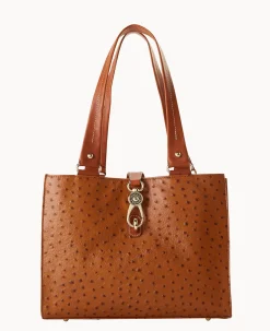 Dooney & Bourke Exotic Leather|Shoulder Bags<Ostrich Medium Logo Lock Tote Caramel