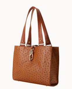 Dooney & Bourke Exotic Leather|Shoulder Bags<Ostrich Medium Logo Lock Tote Caramel